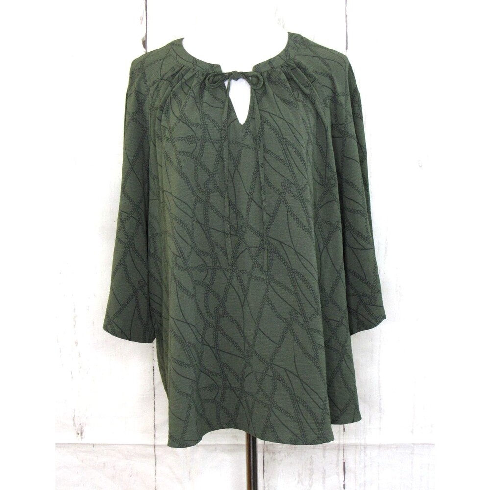 Olivia & Martin Women's 3/4 Sleeve Top Tie Neck Olive Green Chain Print Size 2X